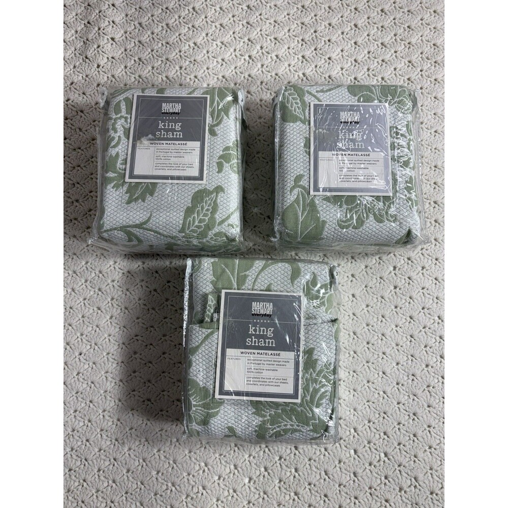 Lot of 3 Vtg 90s Martha Stewart Woven Matelasse Pillow King Shams Green on White